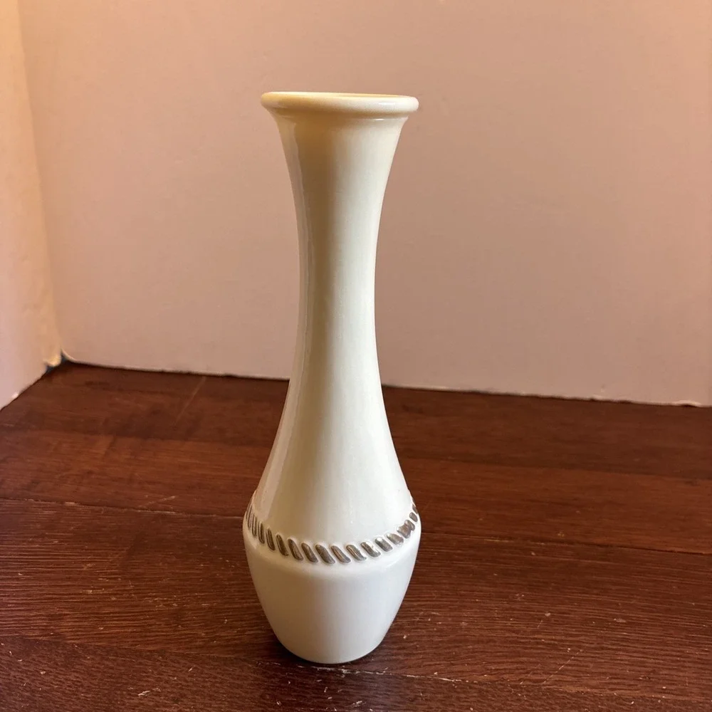Vintage Wheaton Ware Custard Ivory Cream Glass Bud Vase Gold Rope Accent MCM EUC